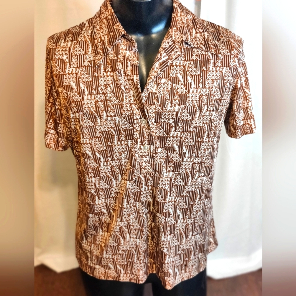70s Short Sleeve 1/2 button Disco slick op art numbers/letters Shirt LG